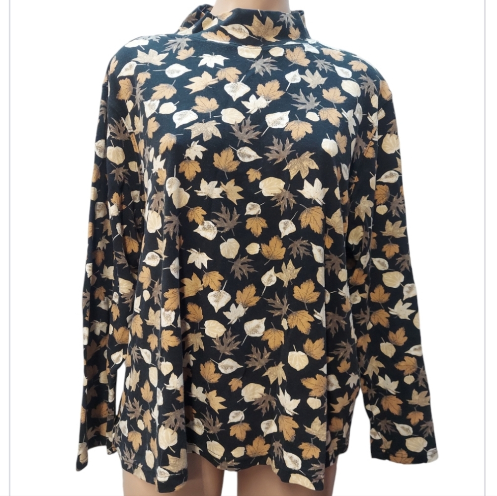 Studio Works Fall Leaf Print Mock Neck Long Sleeve Top